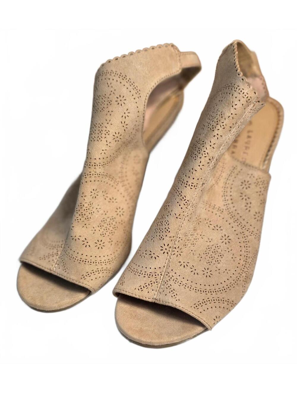LC Lauren Conrad Beige Perforated Peep Toe Block Heel Slingback Sandals 8.5 M